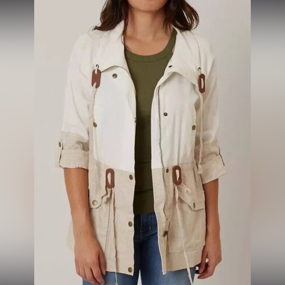 Blu Pepper Linen Blend Utility Two Tone Colorblock Zip Jacket From Anthropologie